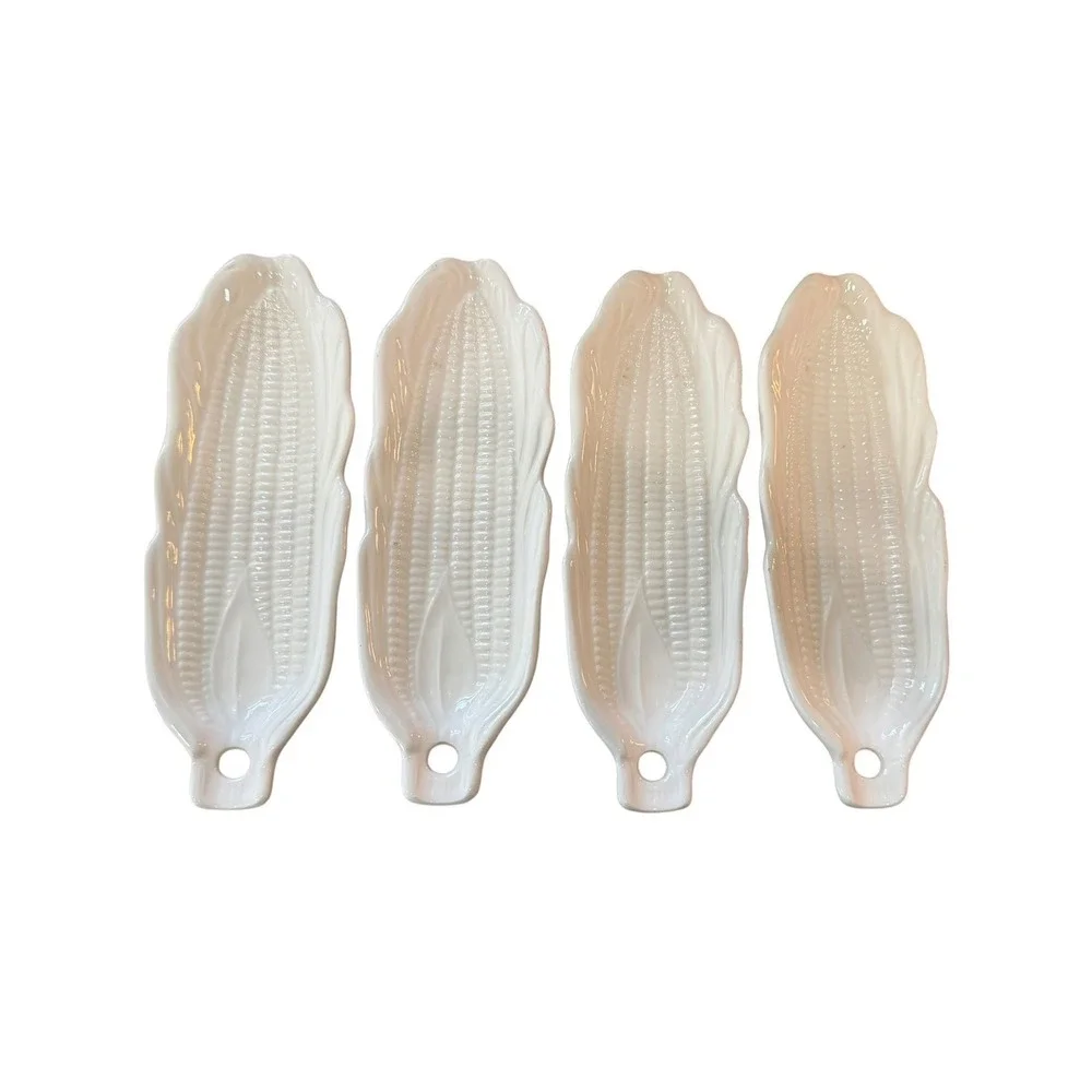 Vintage Pier 1 Japan White Ceramic Corn Dishes Set of 4 Corn Cob Serving Trays